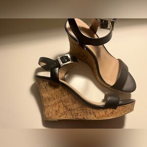 Strappy black leather cork platform sandal wedges Charles David
